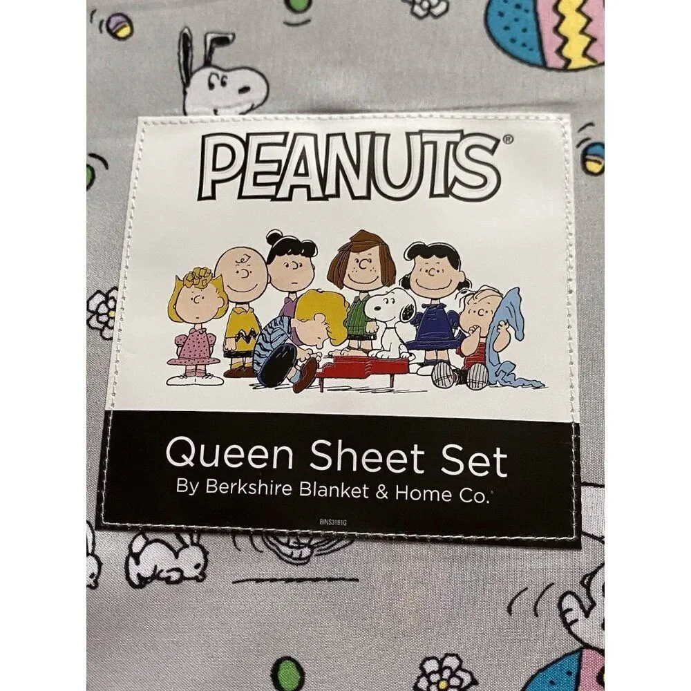 Peanuts Snoopy Easter Egg Bunny Floral QUEEN‎ Sz Sheet Set Soft Grey NEW